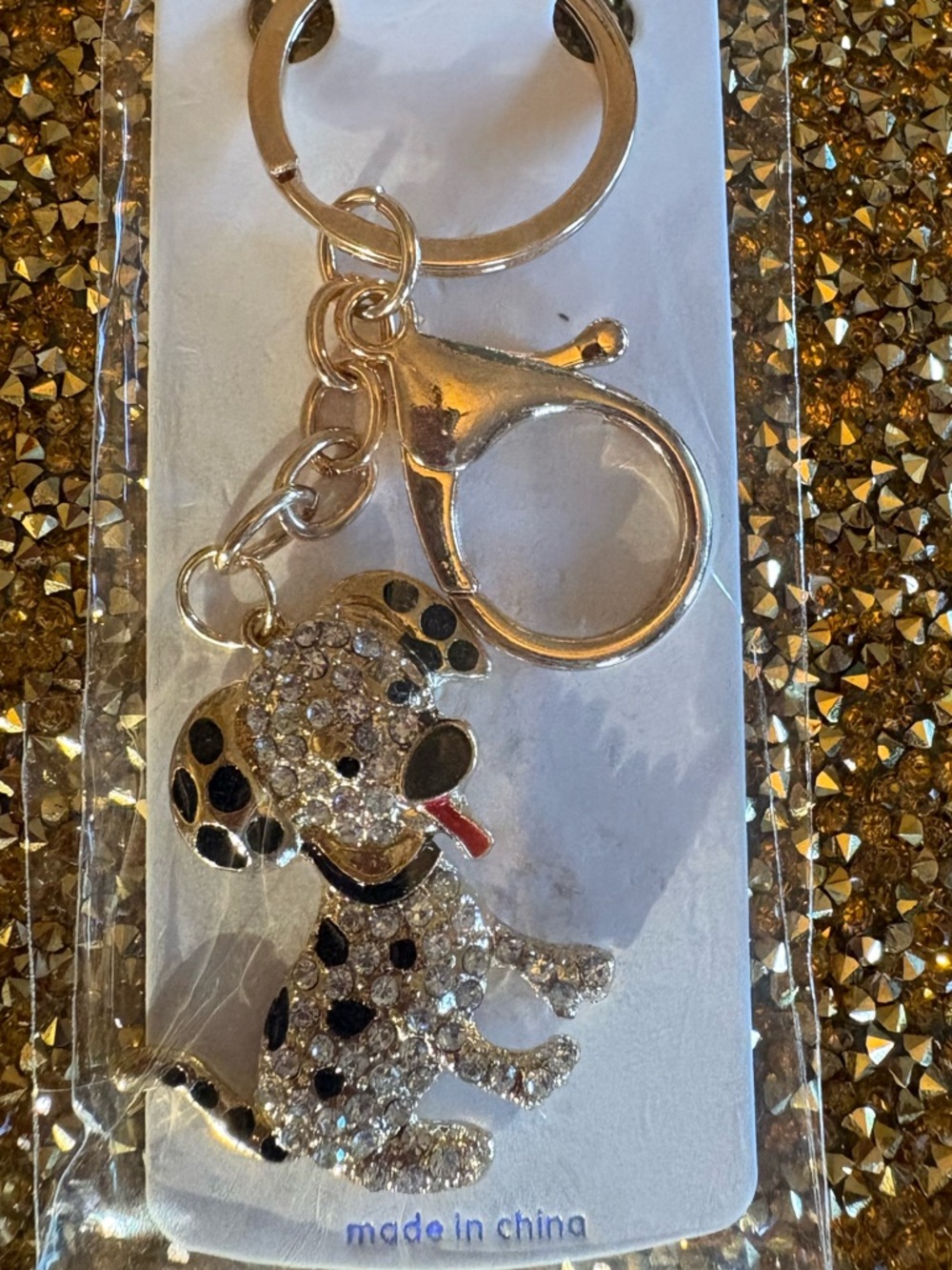 Mint NWT Sparkling Rhinestones Dalmatian Dog Keychain/ Charms - Gold, Black.